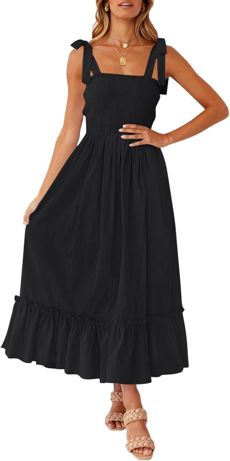 Women's  Summer Boho Spaghetti Strap Square Neck Solid Color Ruffle A Line Beach Long Maxi Dress