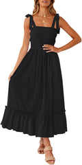 Women's  Summer Boho Spaghetti Strap Square Neck Solid Color Ruffle A Line Beach Long Maxi Dress