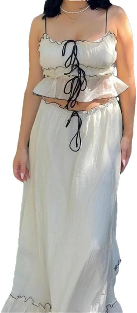 Women Summer Hollow Sleeveless Pleated Outfit Color Blocking Slim Beach Set Sexy Suspenders Top+Long Skirt Holiday Suit