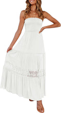 Women's  Summer Bohemian Strapless Off Shoulder Lace Trim Backless Flowy A Line Beach Long Maxi Dress