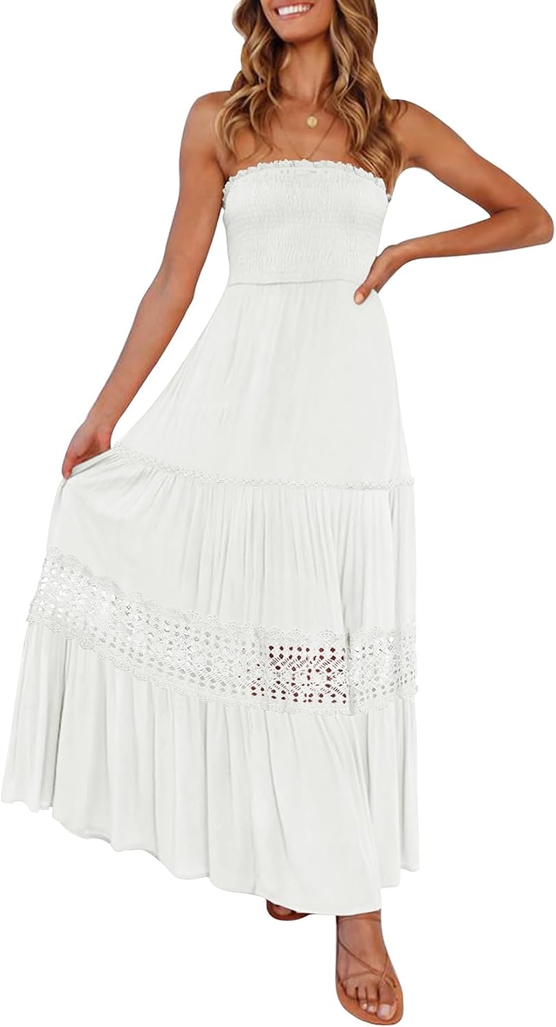 Women's  Summer Bohemian Strapless Off Shoulder Lace Trim Backless Flowy A Line Beach Long Maxi Dress