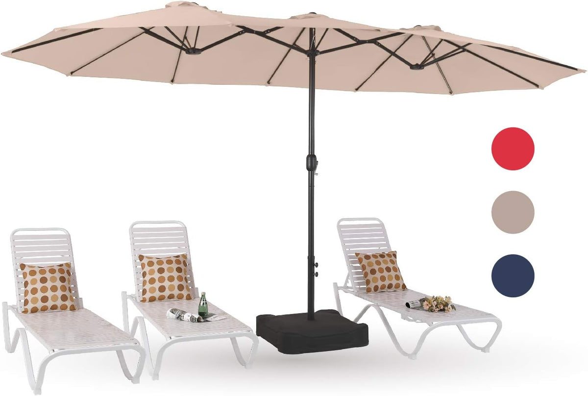 15ft Large Patio Umbrellas with Base Included, Outdoor Double-Sided Rectangle Market Umbrella with Crank Handle, for Poolside Lawn Garden, Beige