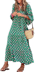 Womens Loose Fit Casual Summer V Neck Half Sleeve Bohemian Geometric Pattern Maxi Long Dresses