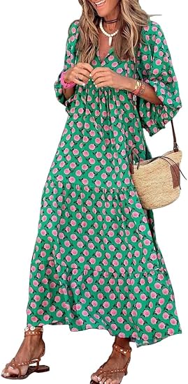 Womens Loose Fit Casual Summer V Neck Half Sleeve Bohemian Geometric Pattern Maxi Long Dresses