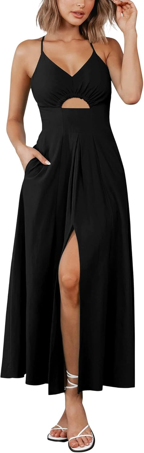 Women  Summer Spaghetti Strap Midi Dress Sleeveless V Neck Cutout Slit Casual Beach Party Maxi Dresses Pockets