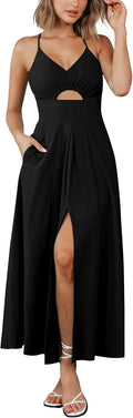 Women  Summer Spaghetti Strap Midi Dress Sleeveless V Neck Cutout Slit Casual Beach Party Maxi Dresses Pockets