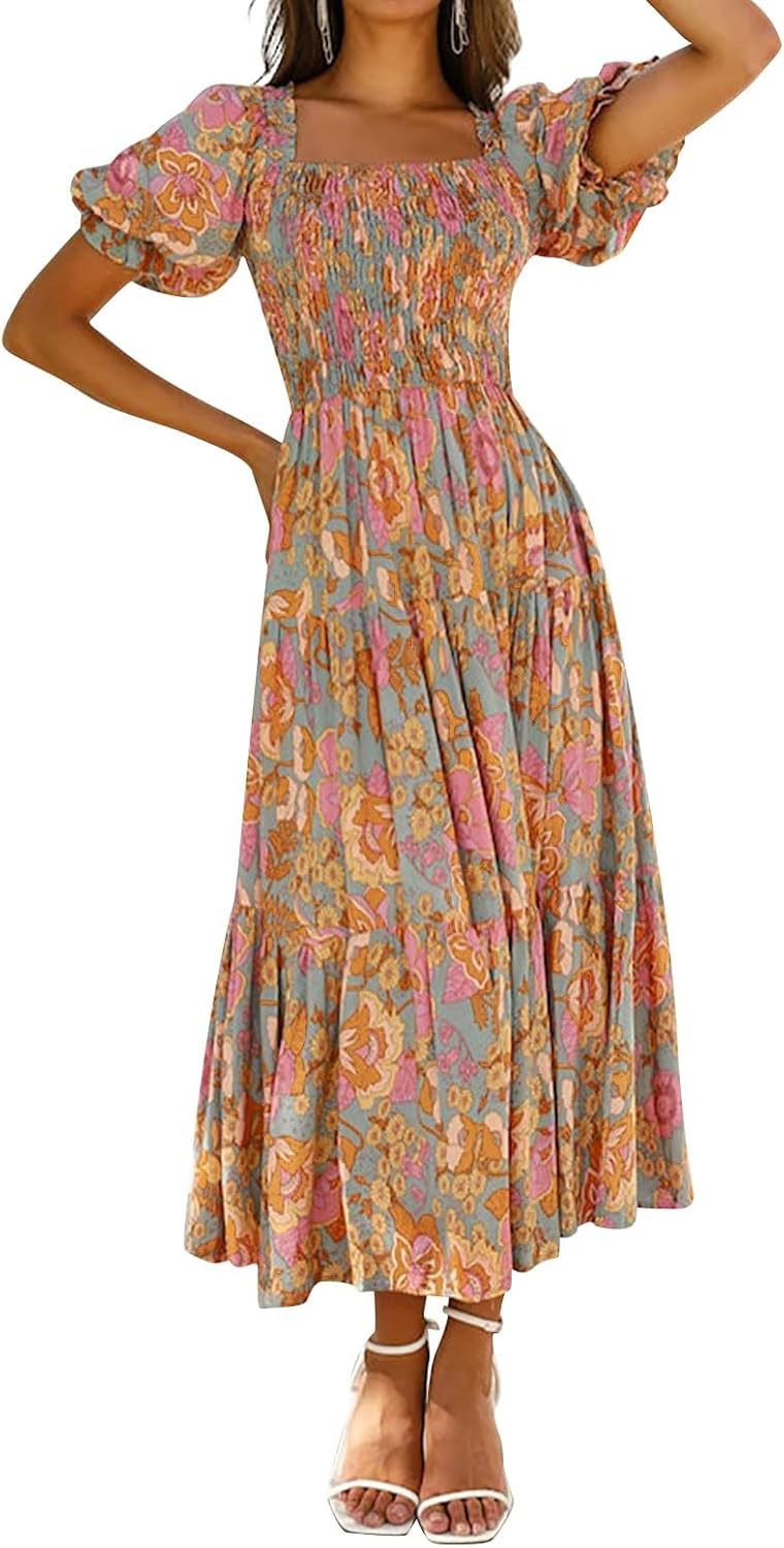 Women's  Summer Boho Floral Print Square Neck Ruffle Swing Beach Long Maxi Dress