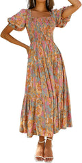 Women's  Summer Boho Floral Print Square Neck Ruffle Swing Beach Long Maxi Dress