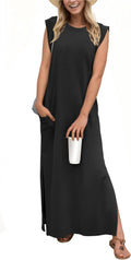 Women Summer Round Neck Casual Loose Split Wrinkle-Free Long Maxi Vacation Dress with Pockets (XS-3XL)
