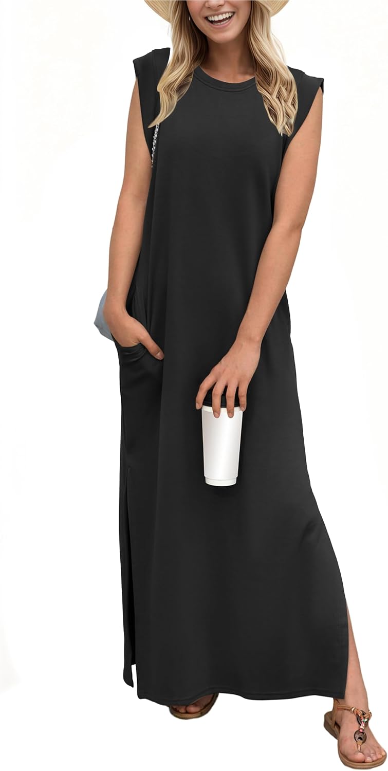 Women Summer Round Neck Casual Loose Split Wrinkle-Free Long Maxi Vacation Dress with Pockets (XS-3XL)
