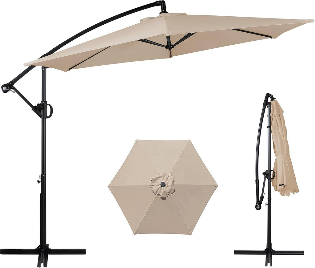 Patio Offset Umbrella with Easy Tilt Adjustment,Crank and Cross Base, Outdoor Cantilever Hanging Umbrella, Sunshade Umbrella Canopy, Khaki