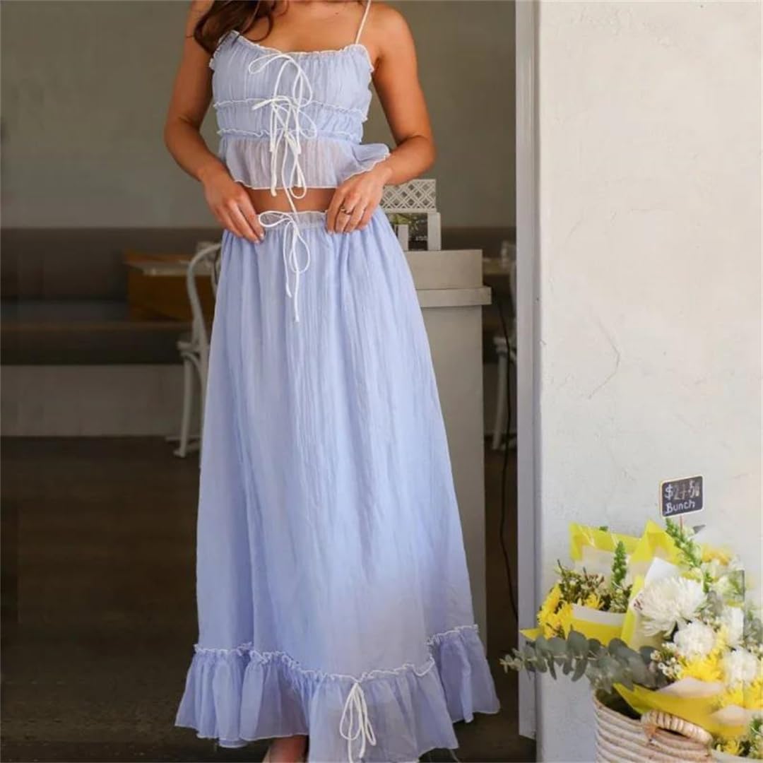 Women Summer Hollow Sleeveless Pleated Outfit Color Blocking Slim Beach Set Sexy Suspenders Top+Long Skirt Holiday Suit