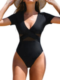 One Piece Swimsuit for Women Bathing Suit Mesh V Neck Front Cross Wrapped High Cut