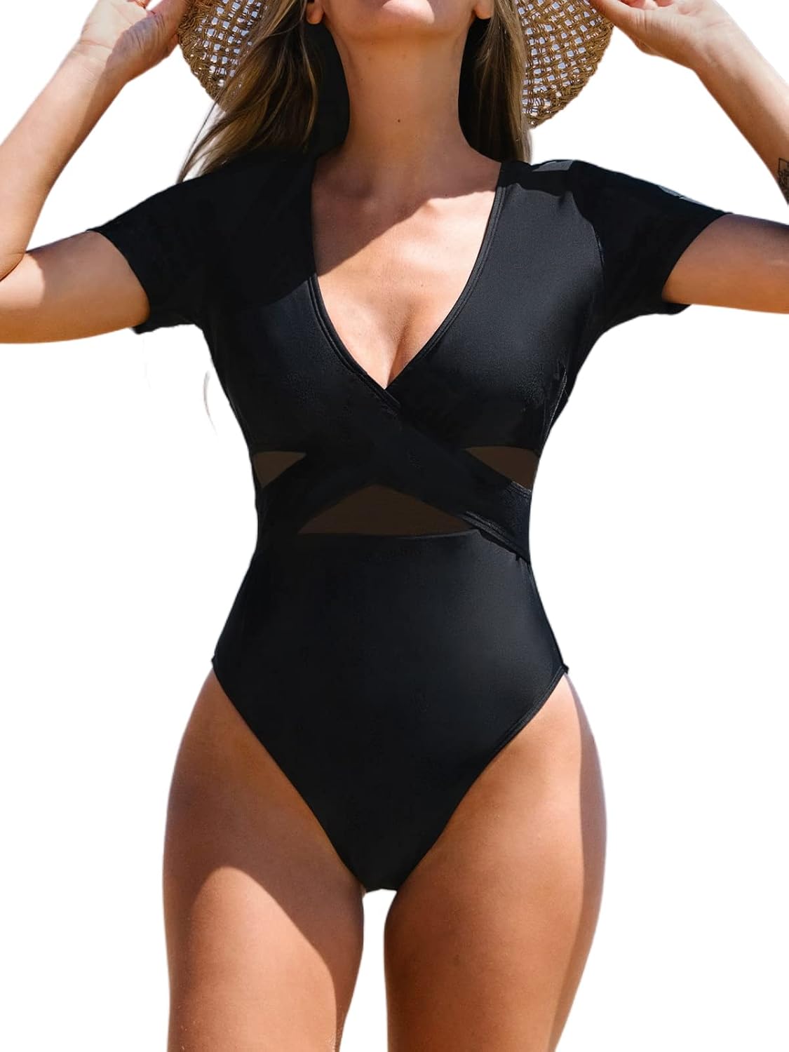 One Piece Swimsuit for Women Bathing Suit Mesh V Neck Front Cross Wrapped High Cut