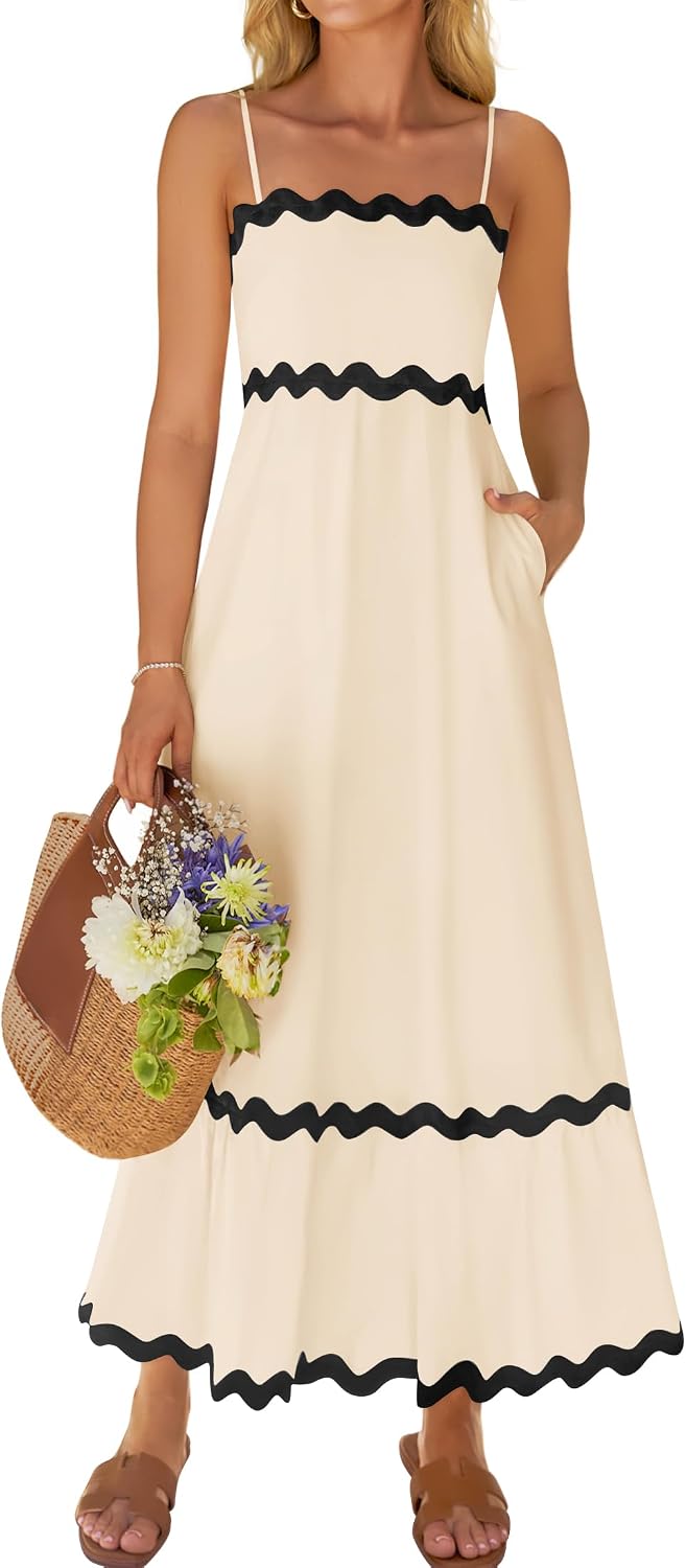 Women's  Summer Spaghetti Straps Sleeveless Backless Sundress Flowy Smocked Lace Swing A Line Midi Dress