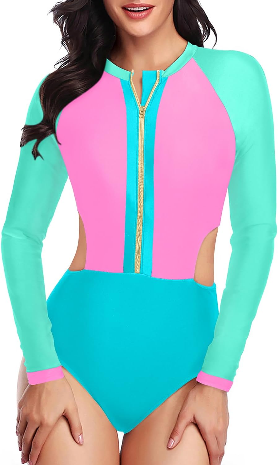 Women Long Sleeve Rash Guard One Piece Swimsuit Zipper Surfing Bathing Suit UPF 50