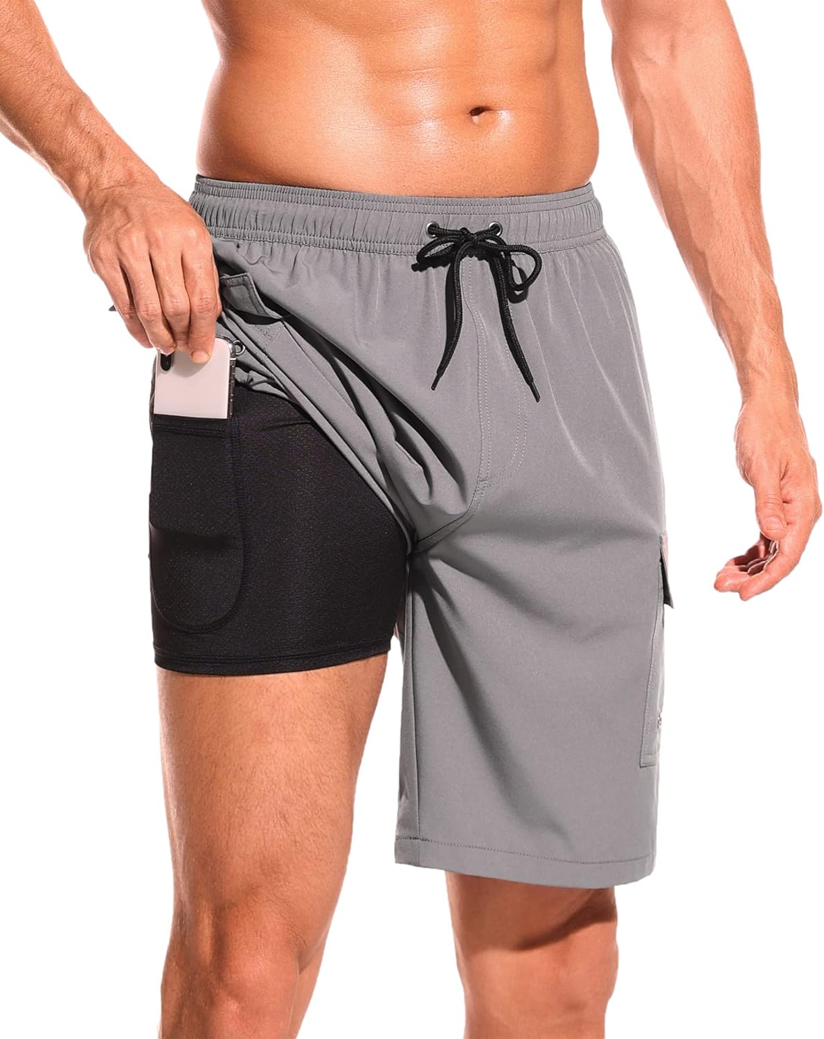 Men's Swim Trunks with Compression Liner Quick Dry Bathing Suits 9 Inch Swimming Shorts with Cargo Pockets