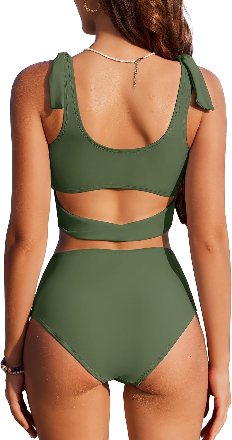 Womens High Waisted Bikini Sets Scoop Neck Two Piece Swimsuits Sporty Bathing Suits Swimwear