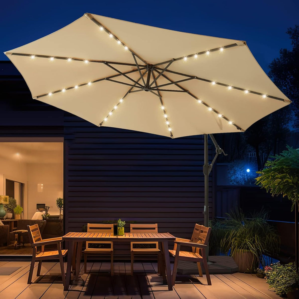10ft Solar LED Offset Hanging Market Patio Umbrella for Backyard, Poolside, Lawn and Garden,Easy Tilt Adjustment, Polyester Shade & Cross Base, Beige