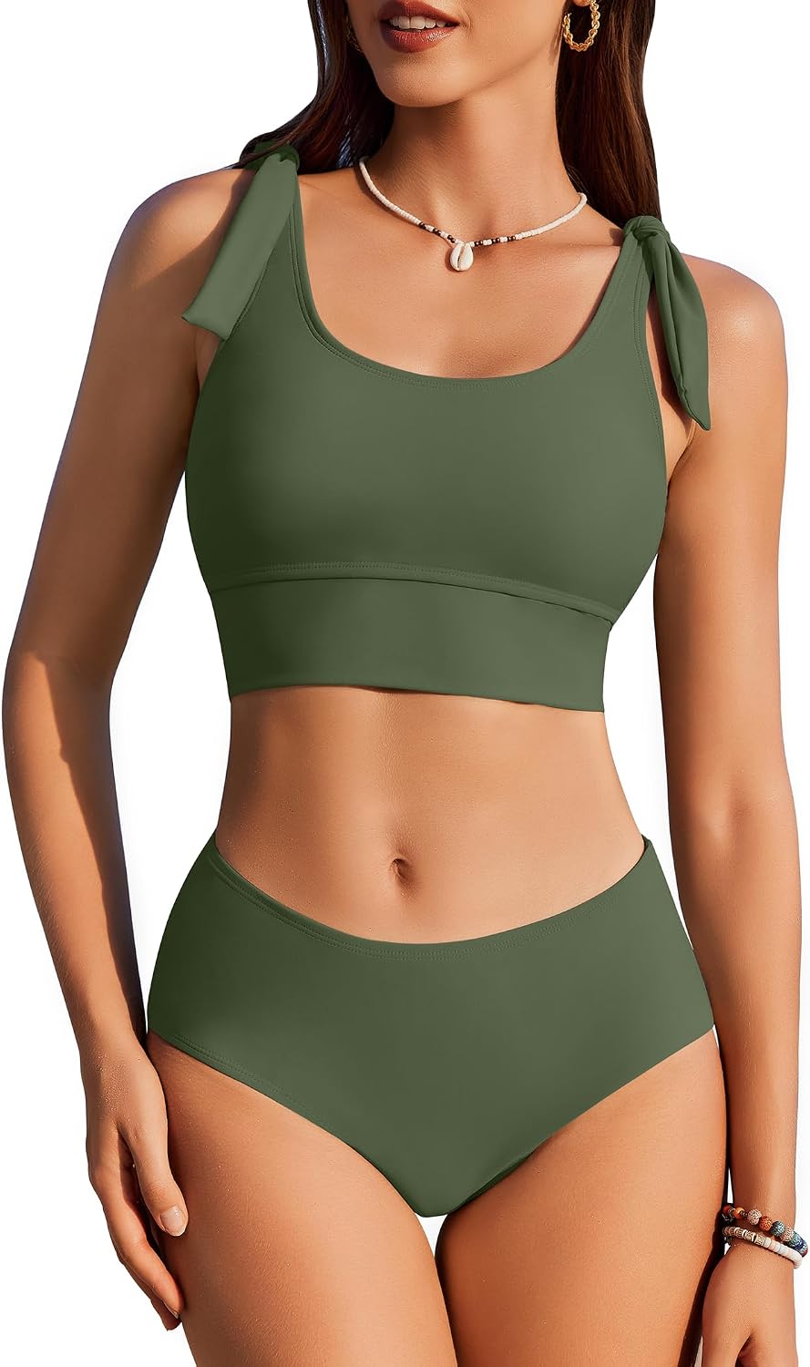 Womens High Waisted Bikini Sets Scoop Neck Two Piece Swimsuits Sporty Bathing Suits Swimwear