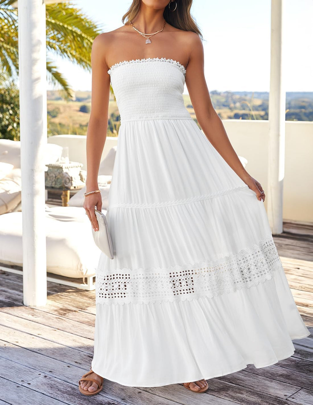 Women's  Summer Bohemian Strapless Off Shoulder Lace Trim Backless Flowy A Line Beach Long Maxi Dress