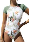 One Piece Swimsuit for Women Mock Neck Zipper Short Sleeve Bathing Suit