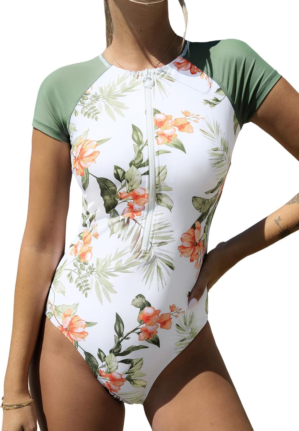 One Piece Swimsuit for Women Mock Neck Zipper Short Sleeve Bathing Suit