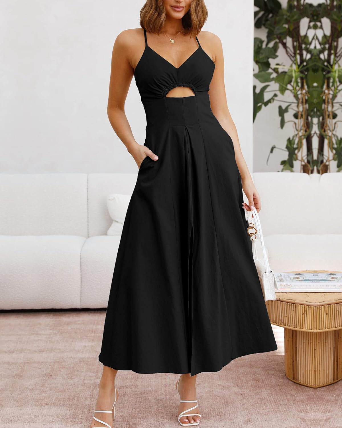 Women  Summer Spaghetti Strap Midi Dress Sleeveless V Neck Cutout Slit Casual Beach Party Maxi Dresses Pockets