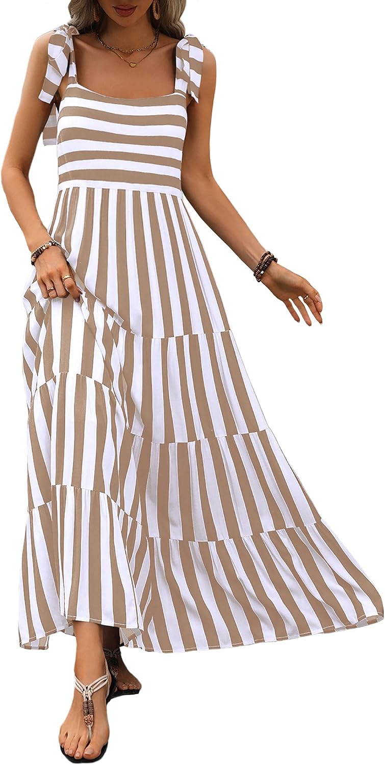 Women Dresses  Summer Floral Sleeveless Maxi Dress Casual Spaghetti Strap Tiered Flowy Beach Long Dress