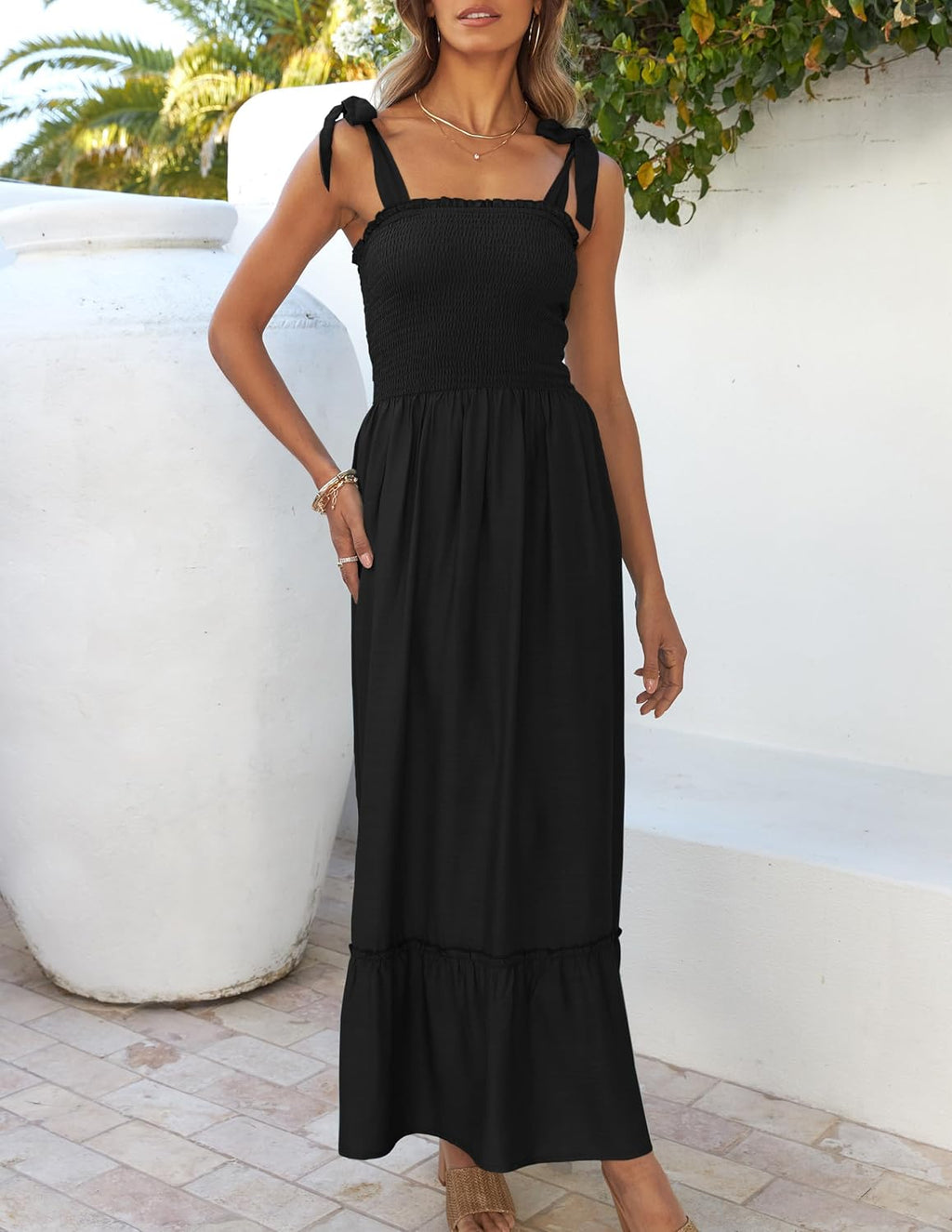 Women's  Summer Boho Spaghetti Strap Square Neck Solid Color Ruffle A Line Beach Long Maxi Dress