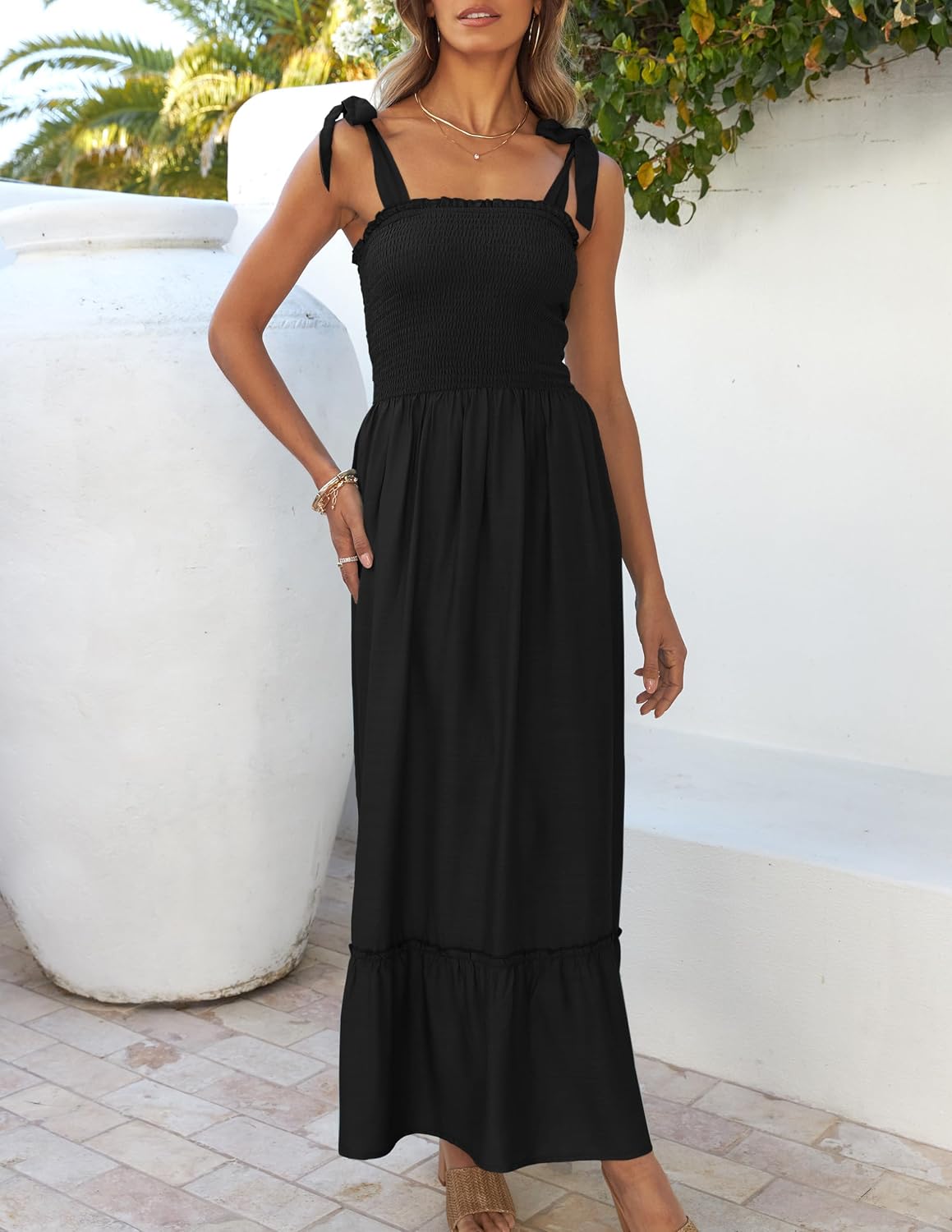 Women's  Summer Boho Spaghetti Strap Square Neck Solid Color Ruffle A Line Beach Long Maxi Dress