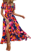 Women's Summer Wrap Maxi Dress Casual Boho Floral V Neck Short Sleeve Ruffle Hem Split Beach Long Dresses