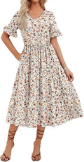 Women's Summer Dresses Midi Tiered Casual Dress Floral V Neck Ruffle Short Sleeve Flowy Beach Dress with Pockets