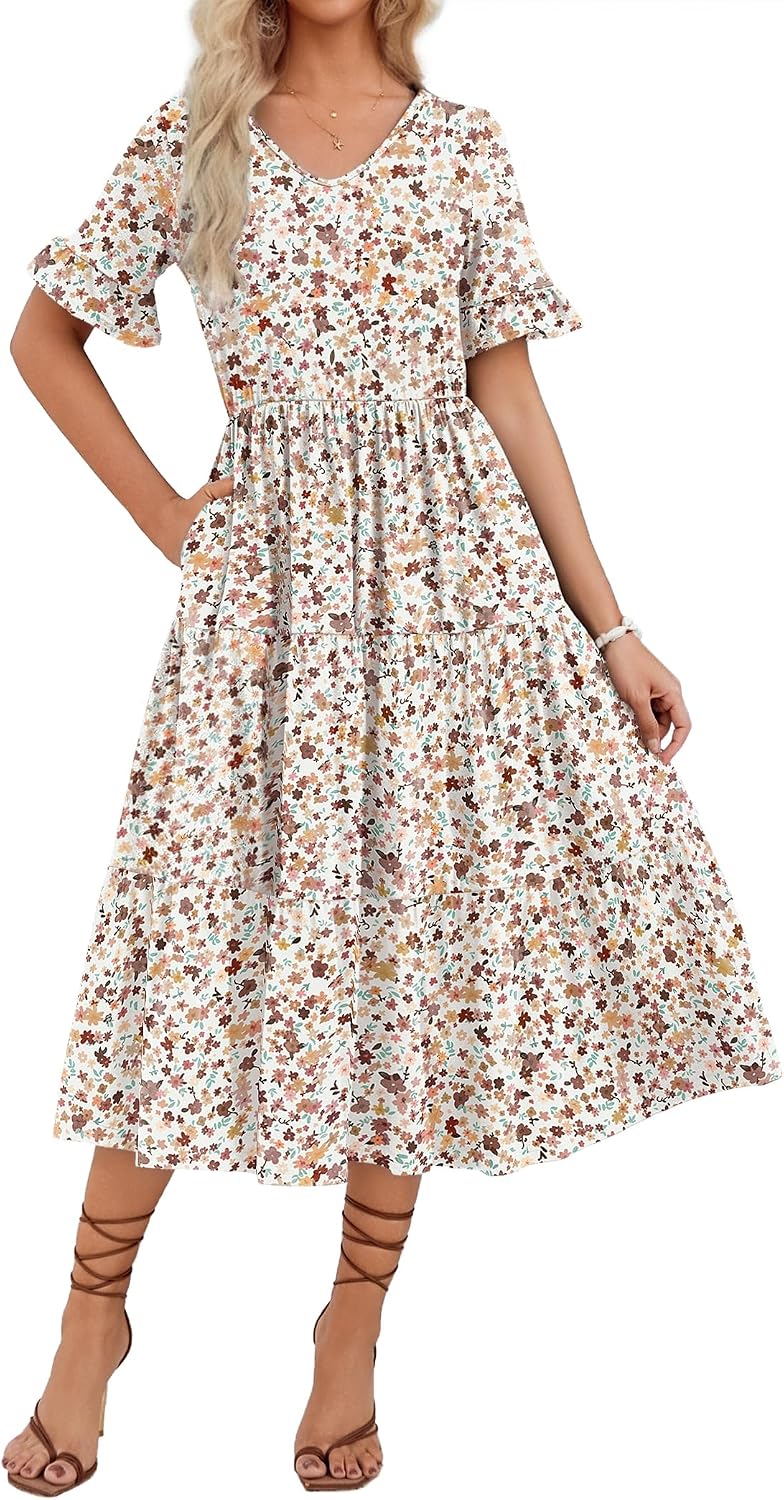 Women's Summer Dresses Midi Tiered Casual Dress Floral V Neck Ruffle Short Sleeve Flowy Beach Dress with Pockets