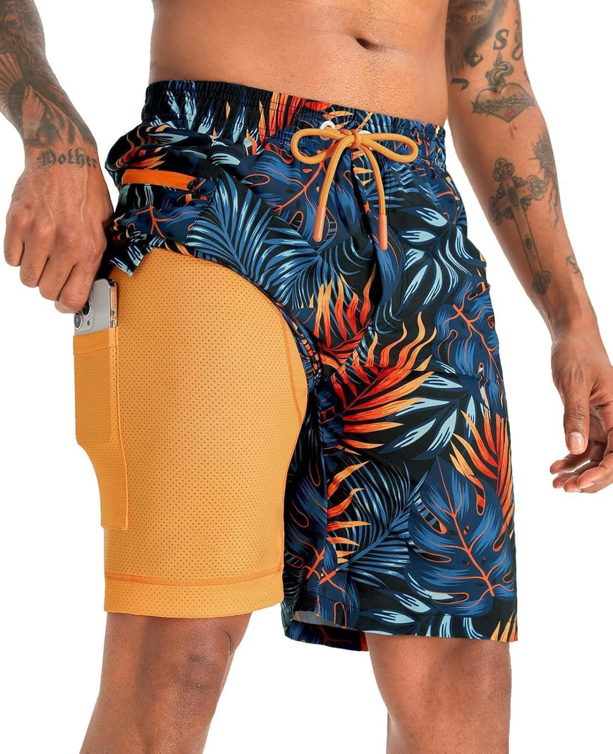 2 in 1 Men's Swim Trunks 9" with Zipper Pockets Bathing Suit Built-in Board Shorts Swimwear Long Shorts