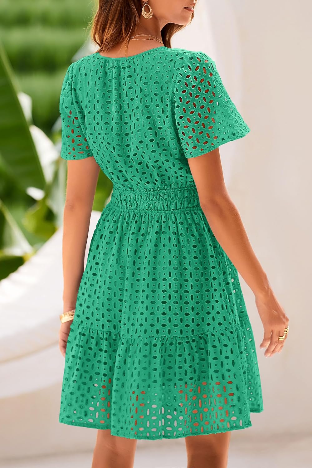 Womens  Summer Short Dress V Neck Short Sleeve A Line Hollow Out Lace Ruffle Cute Casual Beach Party Dresses