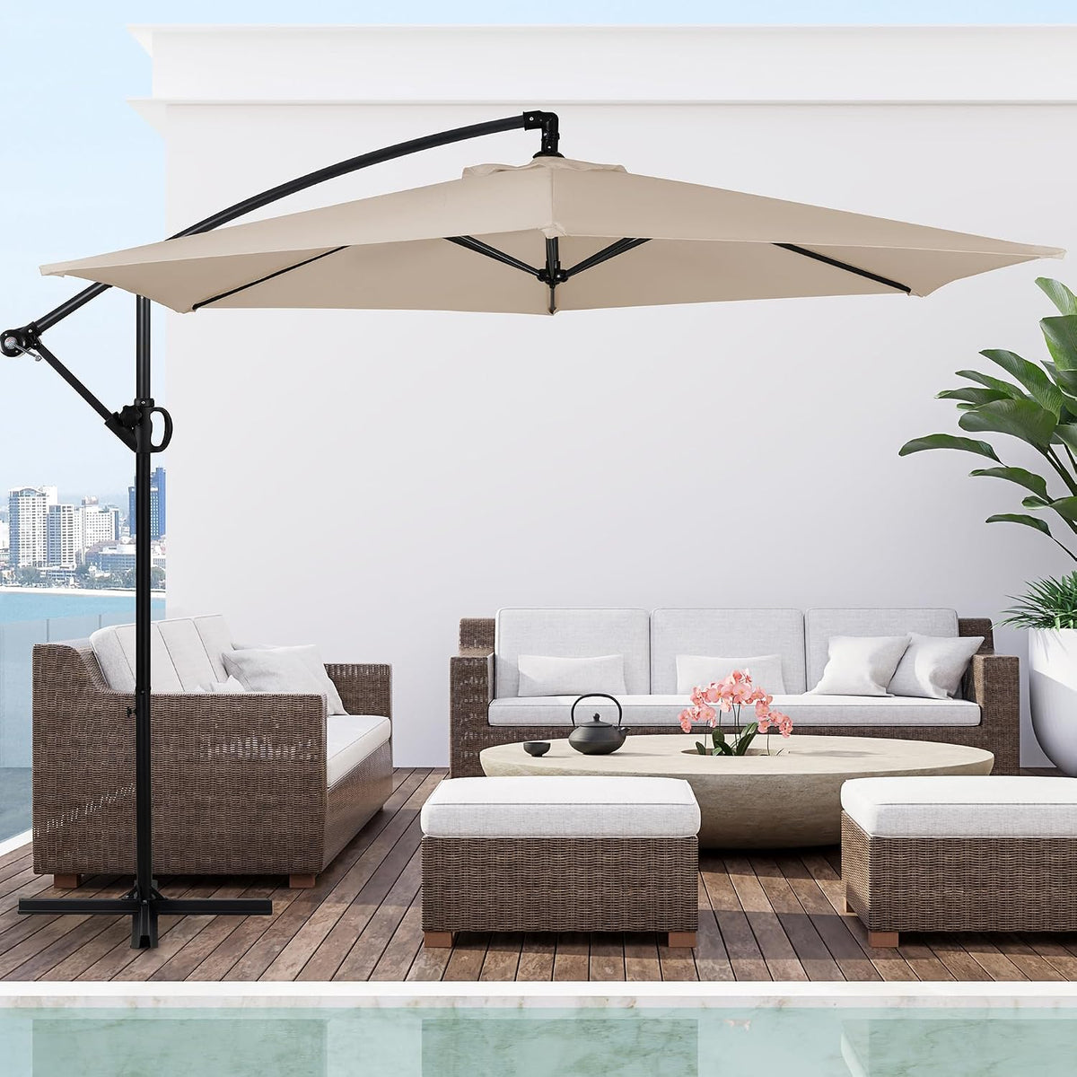 Patio Offset Umbrella with Easy Tilt Adjustment,Crank and Cross Base, Outdoor Cantilever Hanging Umbrella, Sunshade Umbrella Canopy, Khaki