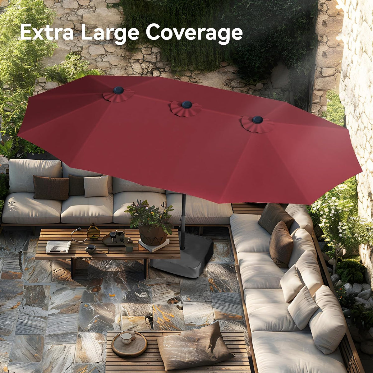 15ft Patio Umbrella Double-Sided Outdoor Market Extra Large Umbrella with Crank, Umbrella Base Included (Dark Red)