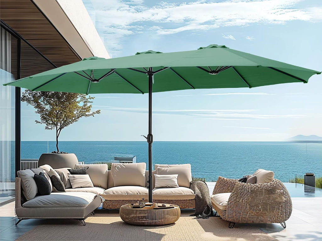 15ft Large Patio Umbrellas with Base, Outdoor Double-Sided Rectangle Market Umbrella for Pool Lawn Garden, Mint Green