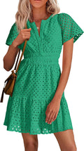 Womens  Summer Short Dress V Neck Short Sleeve A Line Hollow Out Lace Ruffle Cute Casual Beach Party Dresses