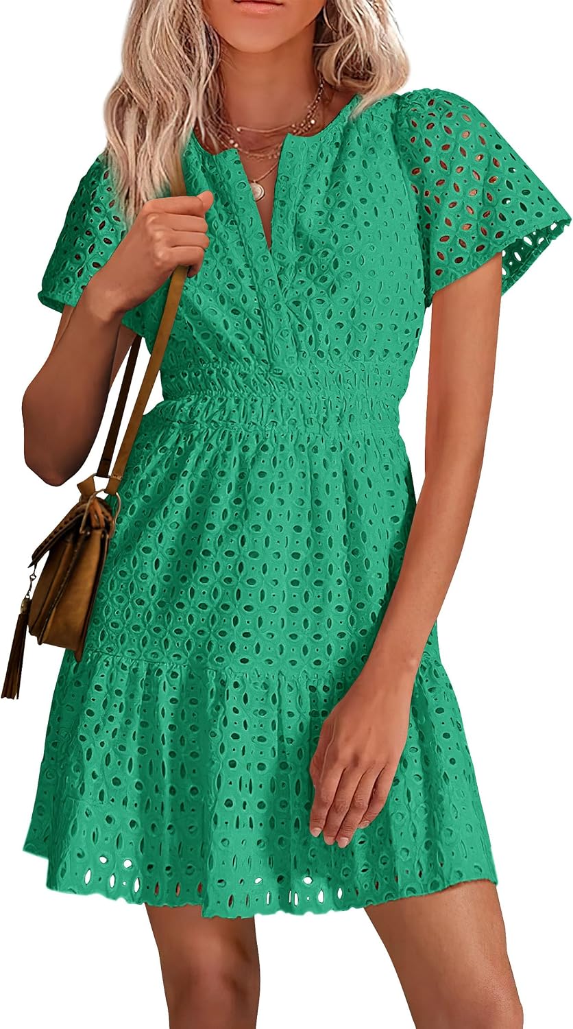 Womens  Summer Short Dress V Neck Short Sleeve A Line Hollow Out Lace Ruffle Cute Casual Beach Party Dresses