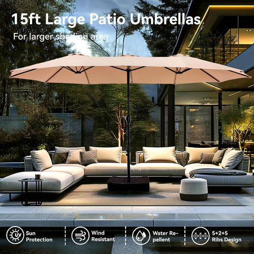 15ft Large Patio Umbrellas with Base Included, Outdoor Double-Sided Rectangle Market Umbrella with Crank Handle, for Poolside Lawn Garden, Beige