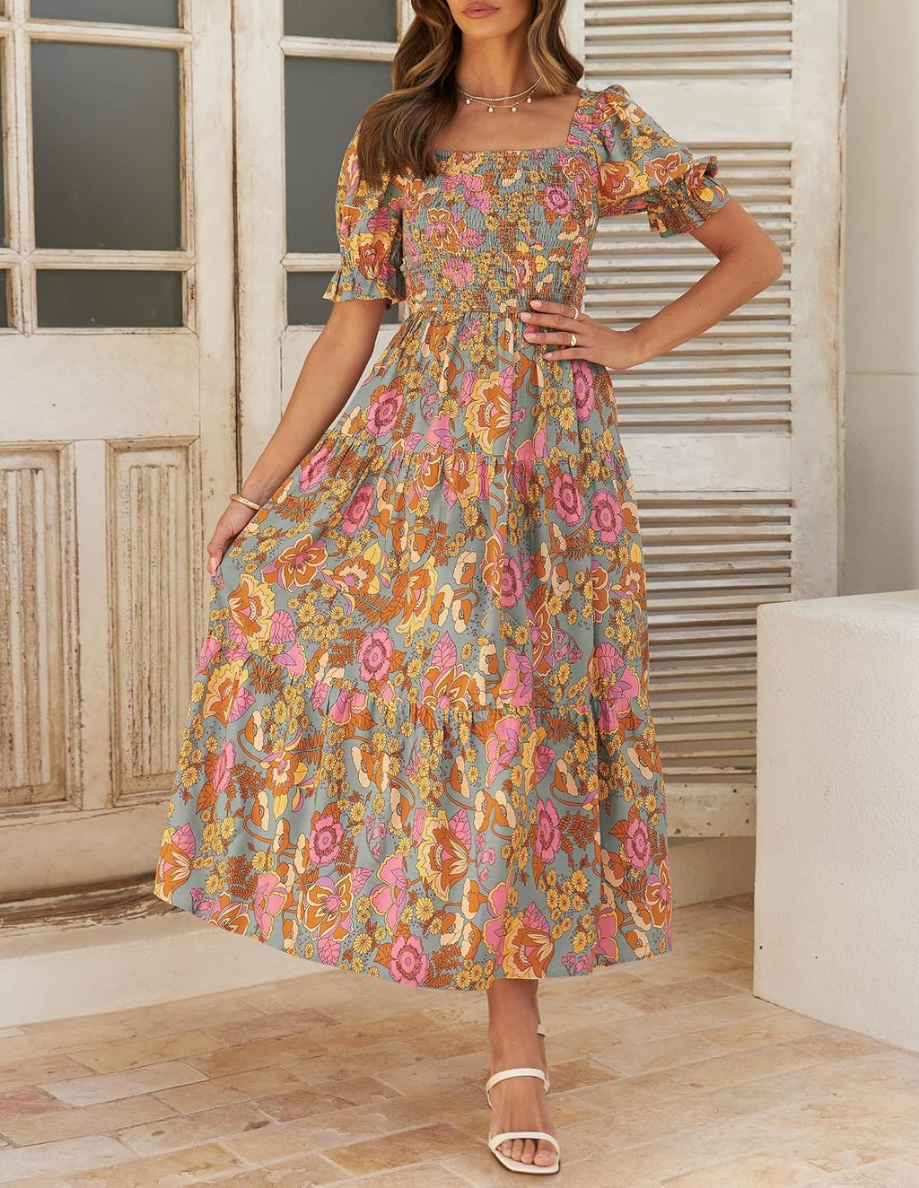 Women's  Summer Boho Floral Print Square Neck Ruffle Swing Beach Long Maxi Dress
