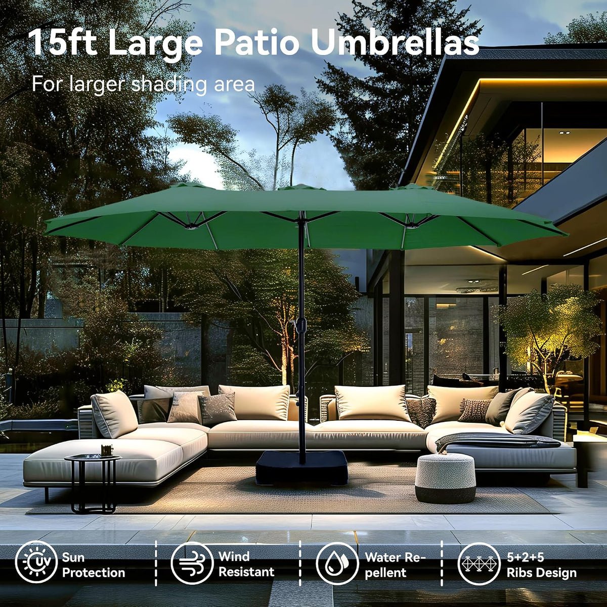 15ft Large Patio Umbrellas with Base, Outdoor Double-Sided Rectangle Market Umbrella for Pool Lawn Garden, Mint Green