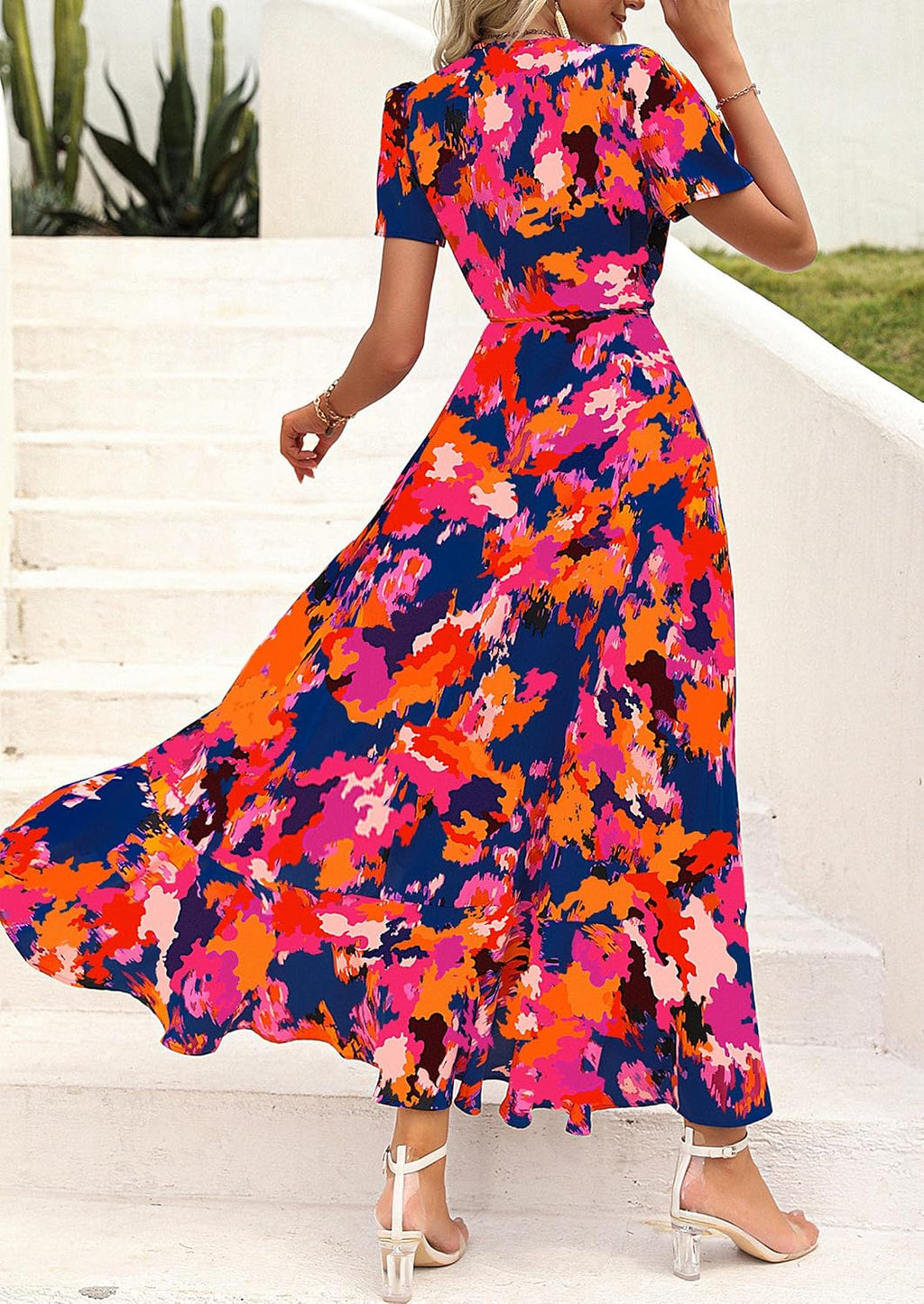 Women's Summer Wrap Maxi Dress Casual Boho Floral V Neck Short Sleeve Ruffle Hem Split Beach Long Dresses